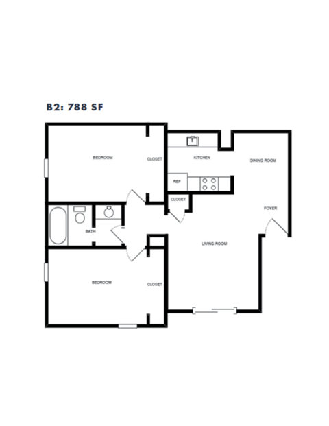 Floor plan for 2 beds, 1 bath, 788 sqft